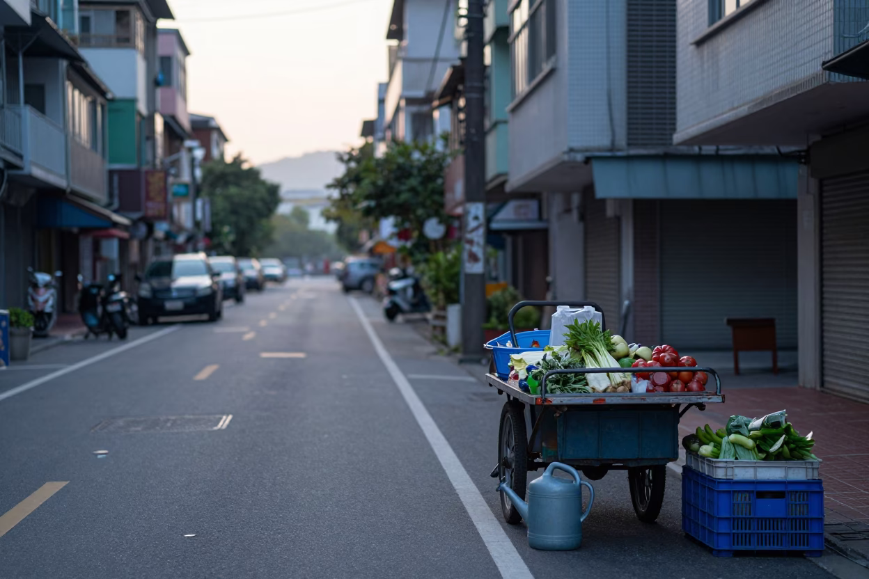 Early Morning Kaohsiung Street Scene with Watering Jug and Camellia Flowers in in Kaohsiung, Taiwan