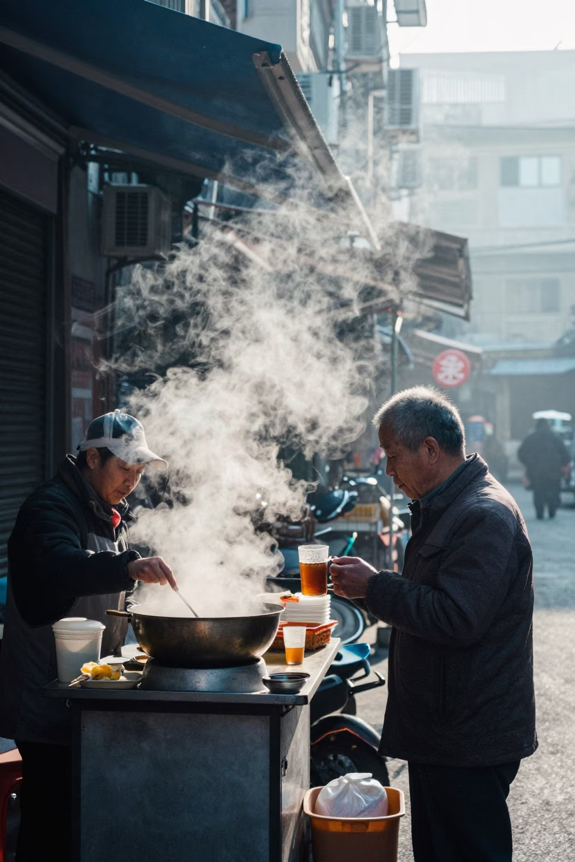 Early Morning Kaohsiung Street Vendor with Steam Rising from Hot Cup in in Kaohsiung, Taiwan
