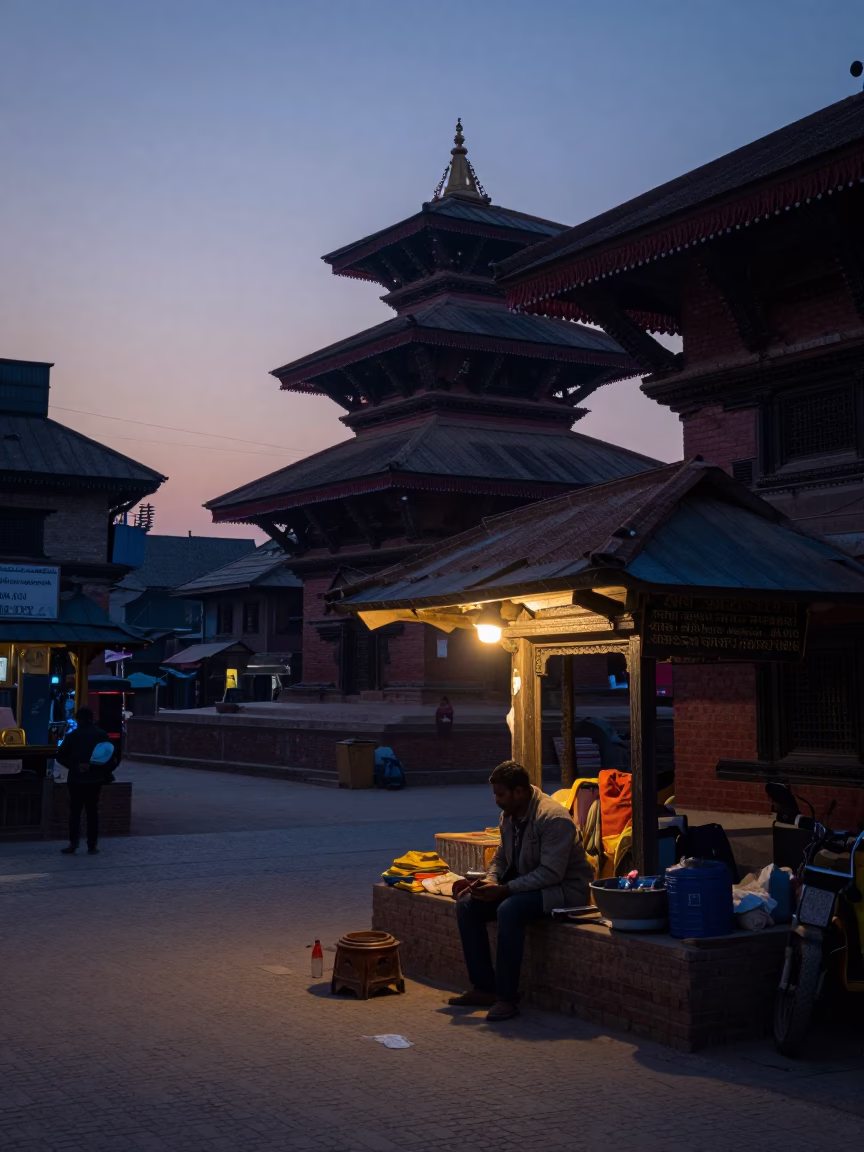Early Morning Kathmandu Street Scene Before Sunrise with Local Vendor and Ashtray in in Kathmandu, Nepal