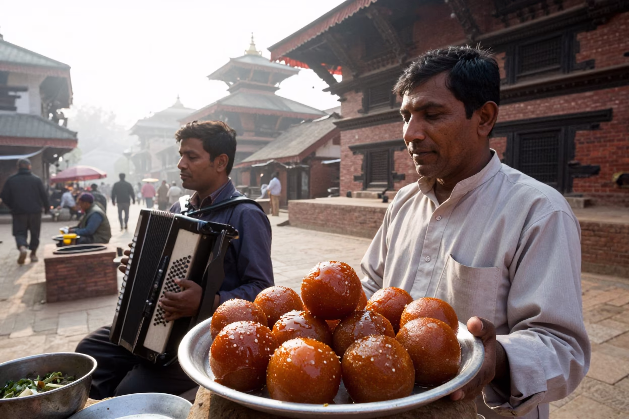 Early Morning Kathmandu Street Scene with Accordion Player and Gulab Jamun Vendor in in Kathmandu, Nepal