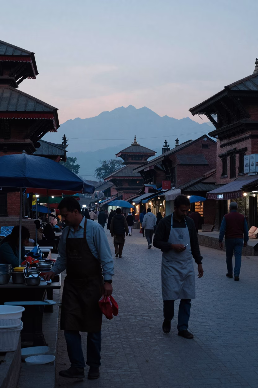 Early Morning Kathmandu Street Scene with Aprons and Cutlery in Soft Dawn Light in in Kathmandu, Nepal