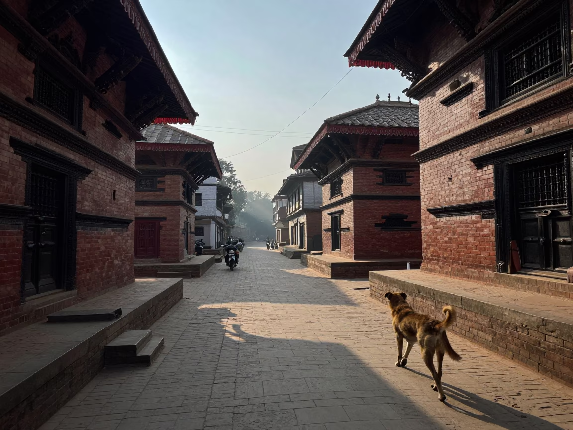 Early Morning Kathmandu Street Scene with Brown Dog and Clay Pot in in Kathmandu, Nepal