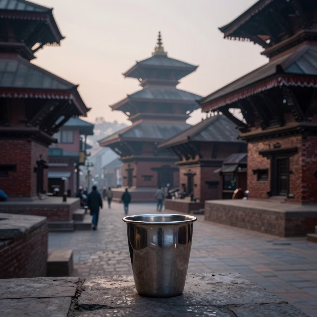 Early Morning Kathmandu Street Scene with Brushed Steel Cup Rim Before Sunrise in in Kathmandu, Nepal