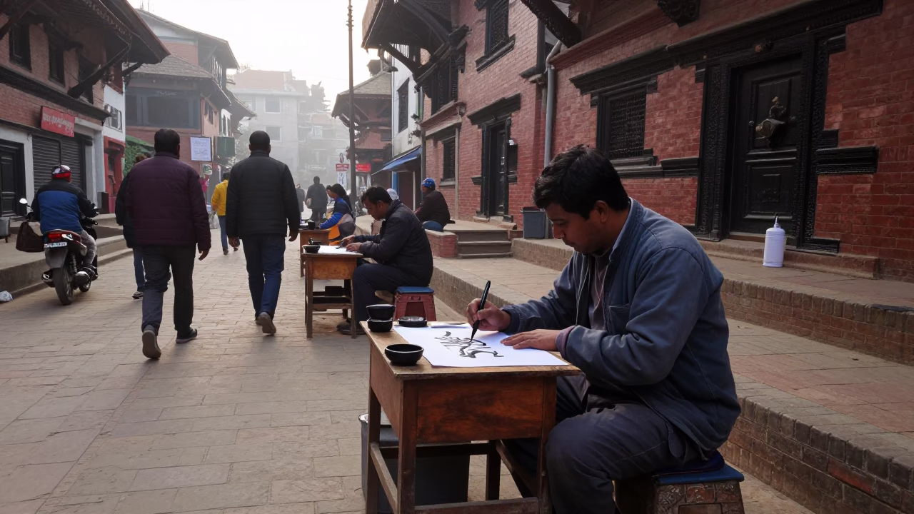 Early Morning Kathmandu Street Scene with Calligrapher and Urban Details in in Kathmandu, Nepal
