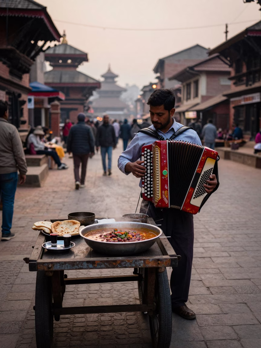 Early Morning Kathmandu Street Scene with Colorful Accordion Player and Traditional Breakfast in in Kathmandu, Nepal