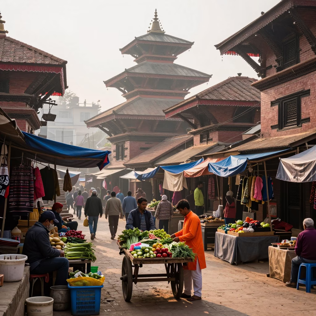Early Morning Kathmandu Street Scene with Colorful Local Market Activity and Traditional Architecture in in Kathmandu, Nepal