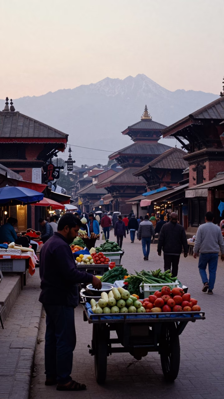 Early Morning Kathmandu Street Scene with Colorful Vendors and Pre-Dawn Light in in Kathmandu, Nepal