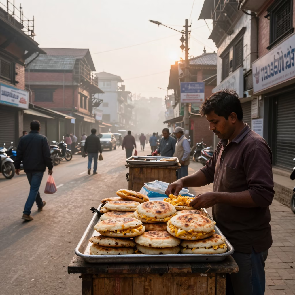Early Morning Kathmandu Street Scene with Construction and Local Commerce in in Kathmandu, Nepal