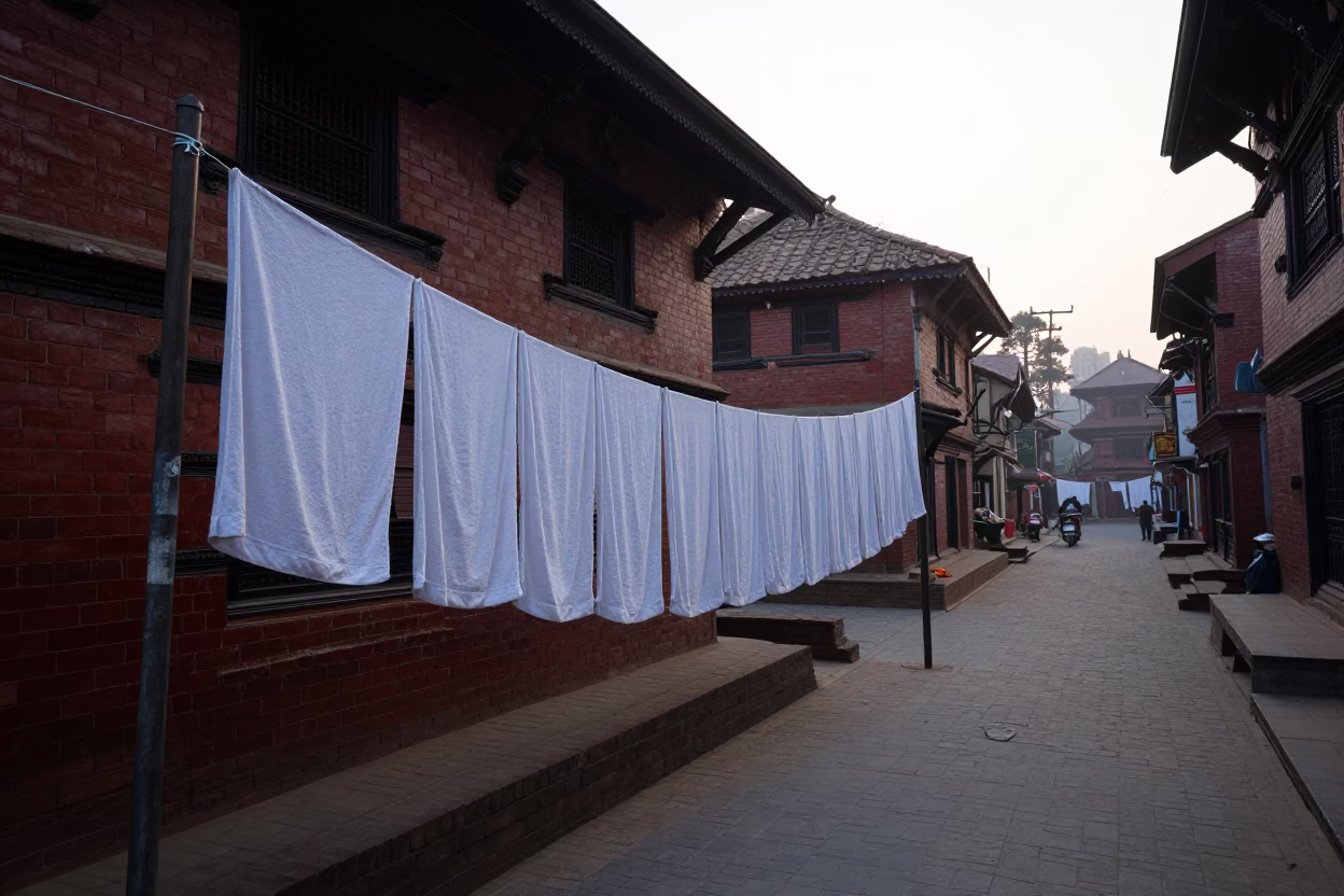 Early Morning Kathmandu Street Scene with Drying Towels and Folding Chair Before Sunrise in in Kathmandu, Nepal
