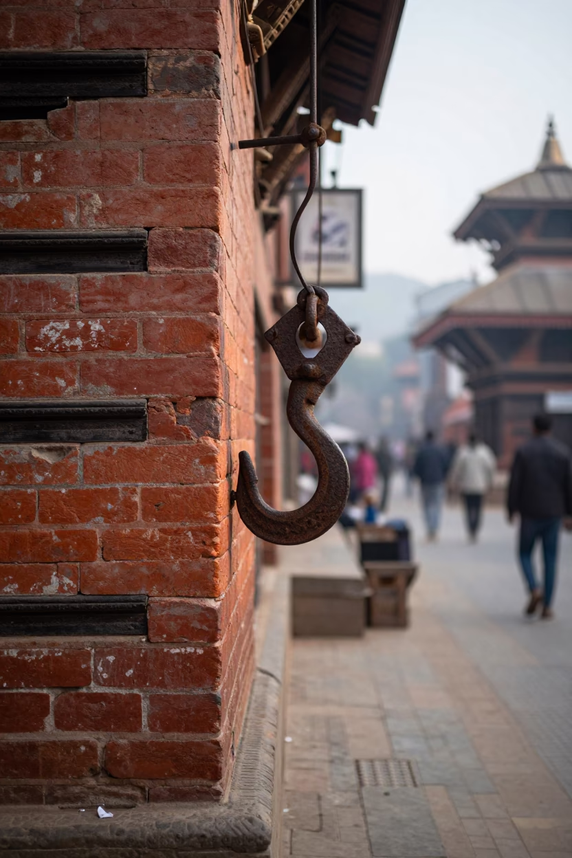Early Morning Kathmandu Street Scene with Iron Hook and Brushed Steel Drain in in Kathmandu, Nepal