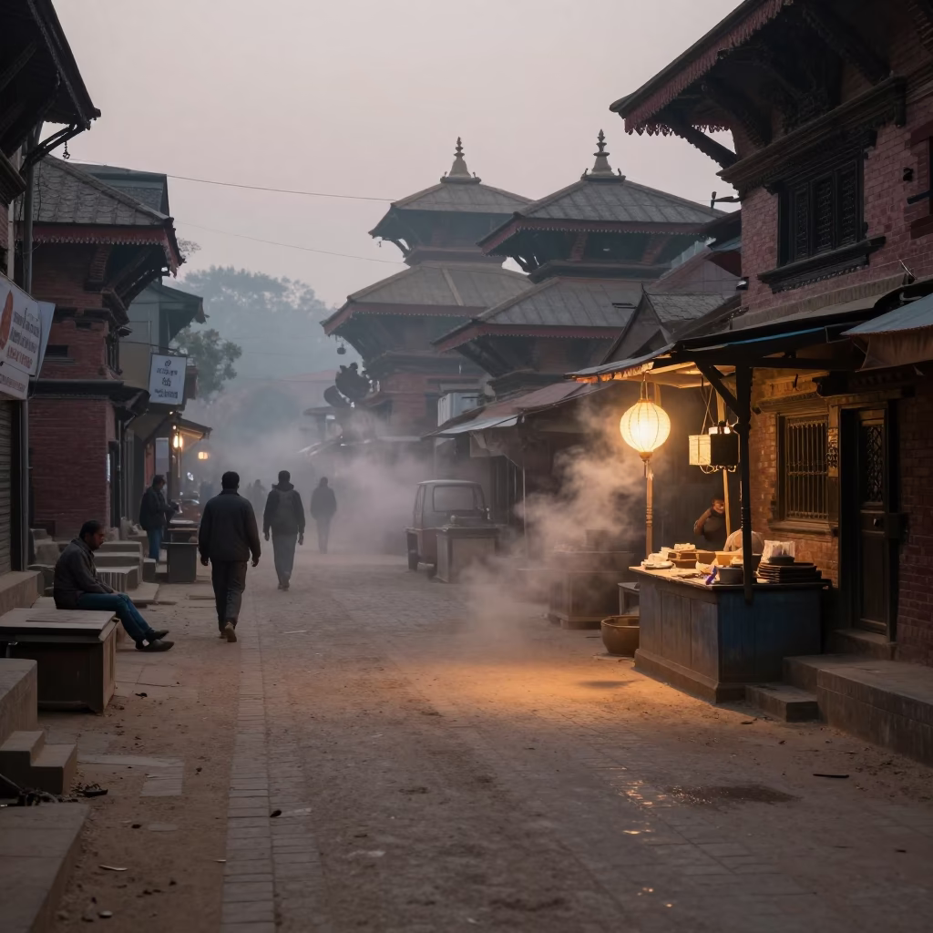 Early Morning Kathmandu Street Scene with Lantern and Steam Haze in Nepal in in Kathmandu, Nepal
