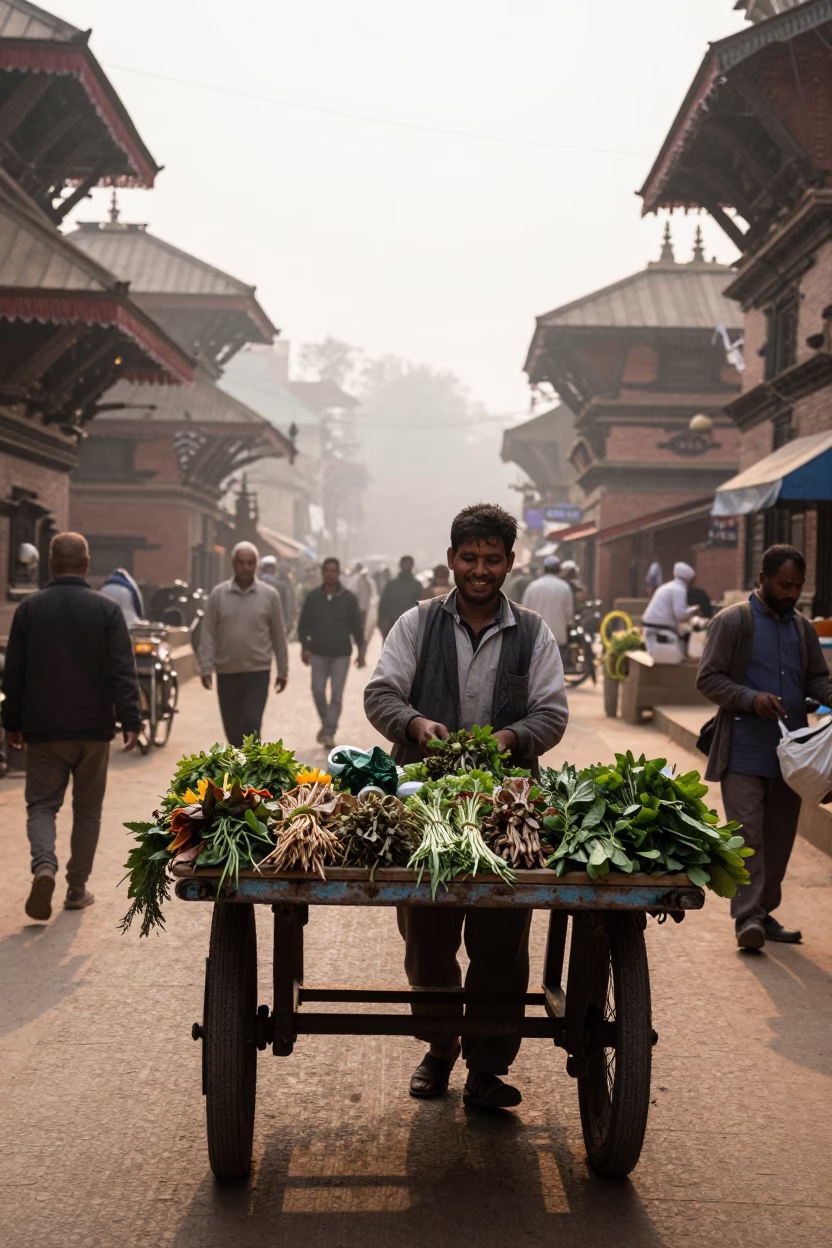 Early Morning Kathmandu Street Scene with Local Vendor and Traditional Elements in in Kathmandu, Nepal