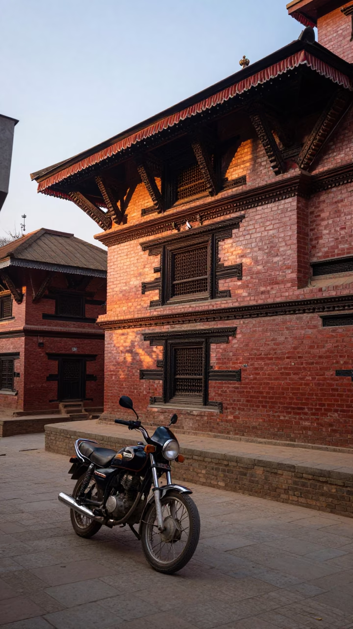 Early Morning Kathmandu Street Scene with Motorcycle and Traditional Architecture at Dawn in in Kathmandu, Nepal