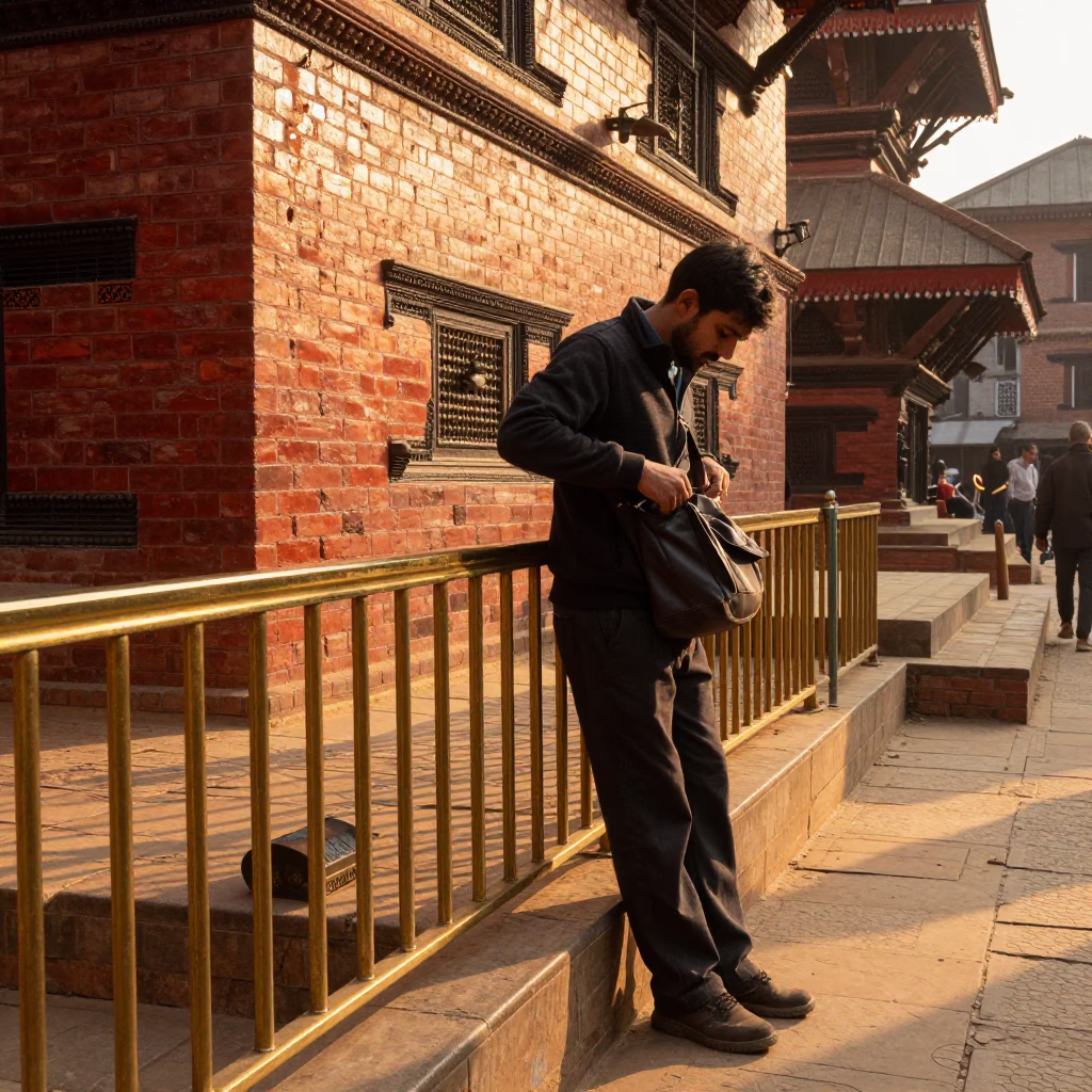 Early Morning Kathmandu Street Scene with Polished Brass Rail and Local Commuters in in Kathmandu, Nepal