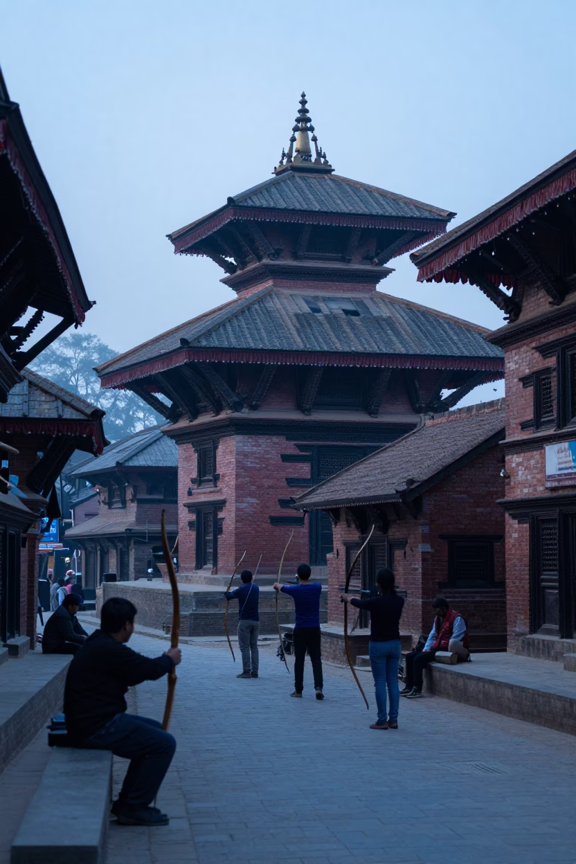 Early Morning Kathmandu Street Scene with Traditional Archery Practice Before Sunrise in in Kathmandu, Nepal