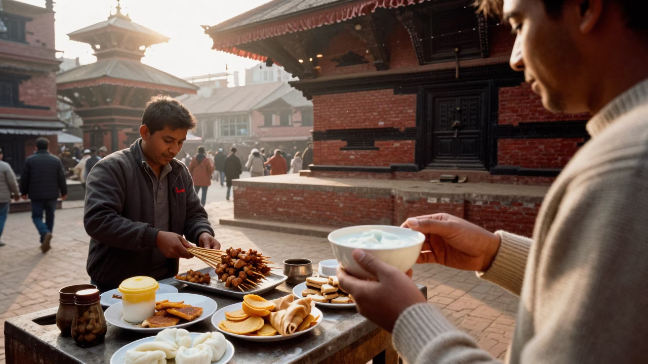 Early Morning Kathmandu Street Scene with Traditional Nepali Breakfast and Local Market Activity in in Kathmandu, Nepal