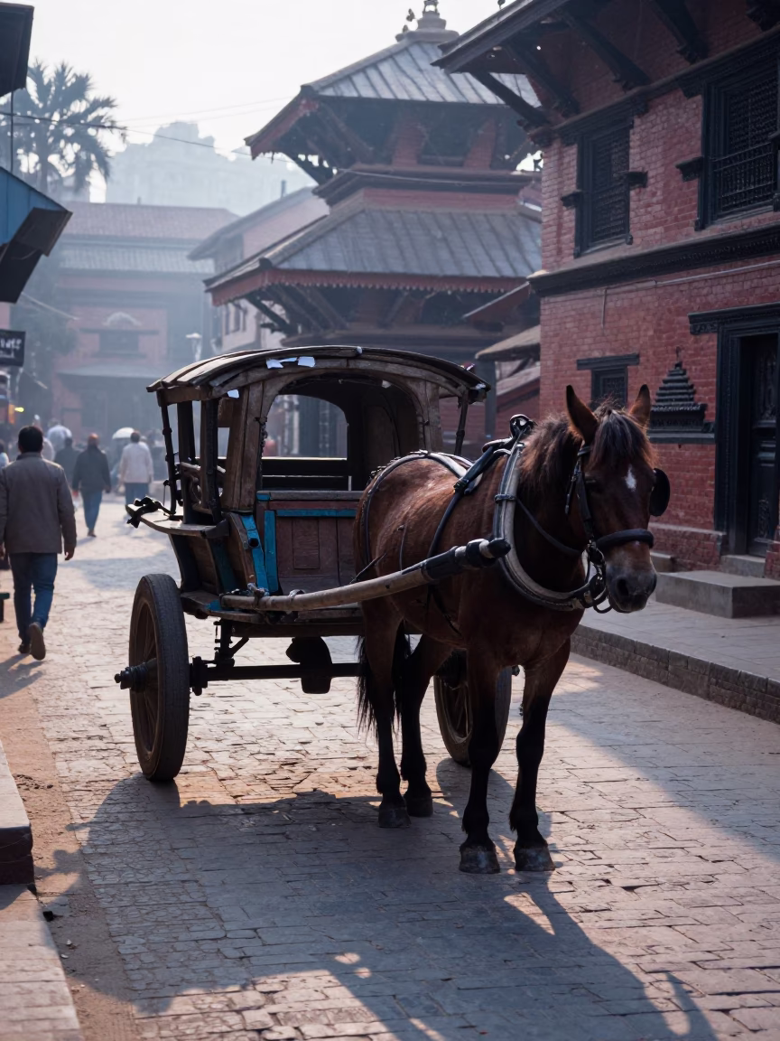 Early Morning Kathmandu Street Scene with Wooden Cart and Cobblestones Before Sunrise in in Kathmandu, Nepal