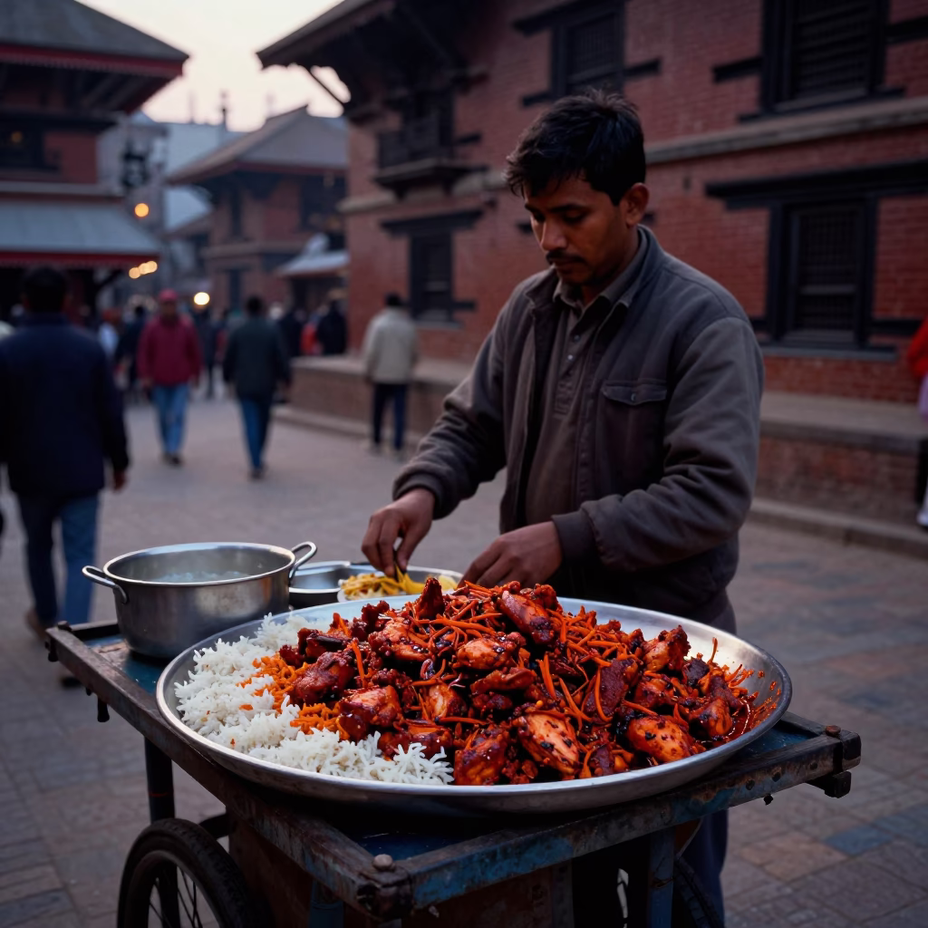 Early Morning Kathmandu Street Vendor with Platter of Spicy Chicken and Rice Before Dawn in in Kathmandu, Nepal