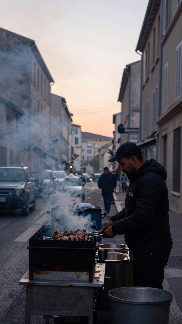 Early Morning Kebab Grill Smoke Rising in Marseille French Neighborhood Street Scene in in Marseille, France