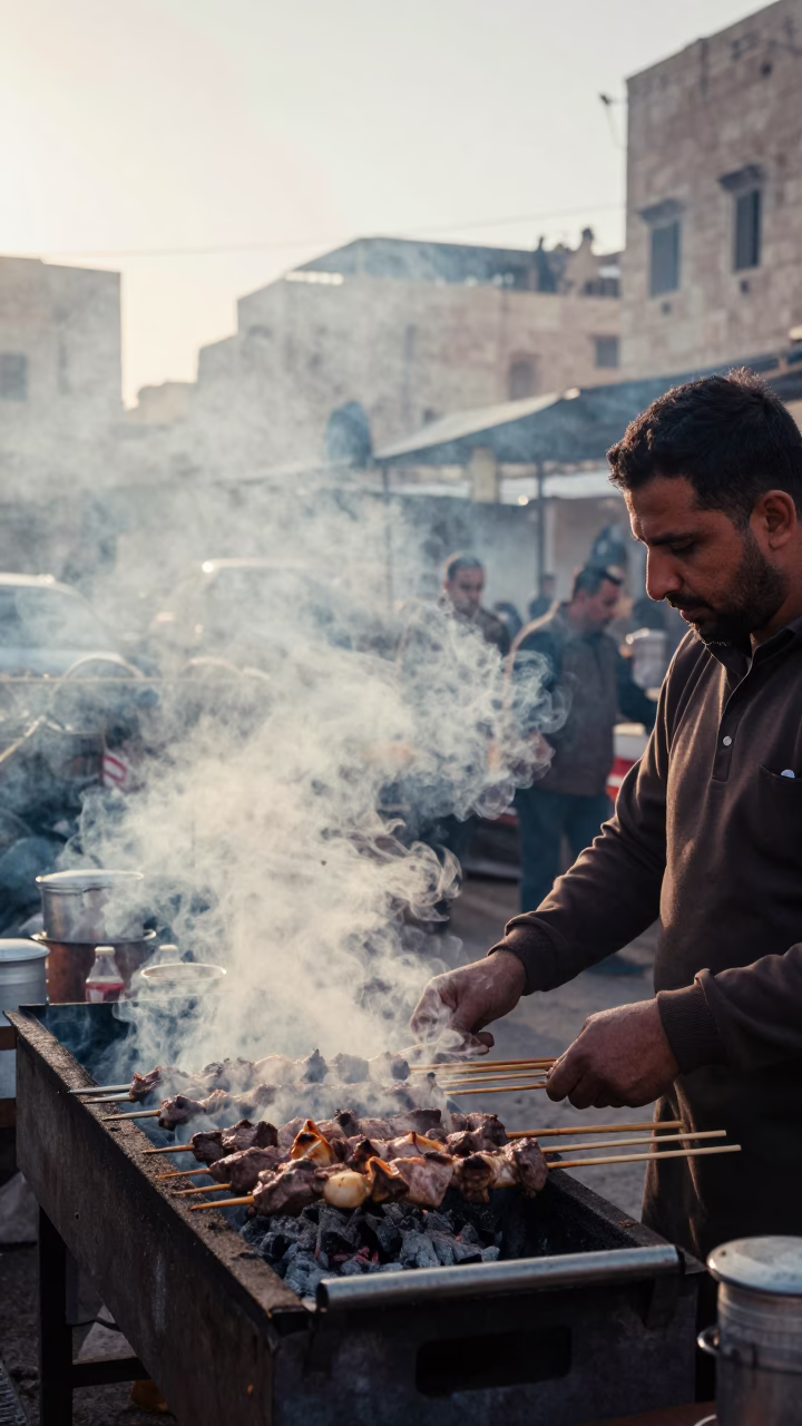 Early Morning Kebab Grill Smoke Rising Over Busy Amman Street in Jordan in in Amman, Jordan