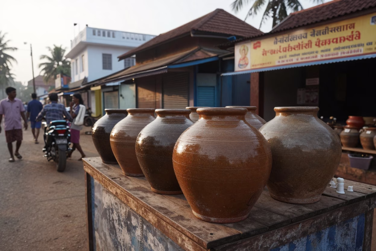 Early Morning Kerala Street Scene with Ceramic Jars and Soap Residue in in Kochi, India