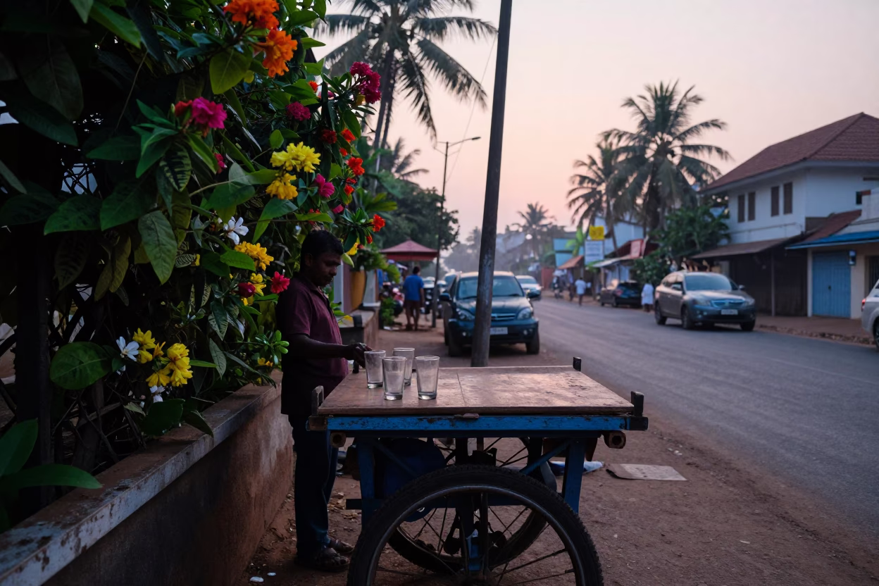 Early Morning Kerala Street Scene with Flowering Plants and Glass Tumblers in Kochi India in in Kochi, India