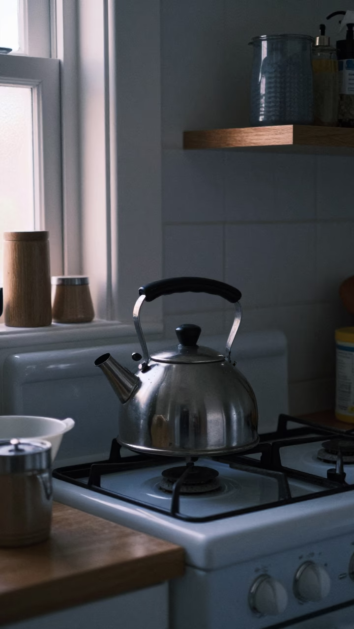 Early morning kitchen clutter with tea kettle and apron in Adelaide home in in Adelaide, South Australia, Australia