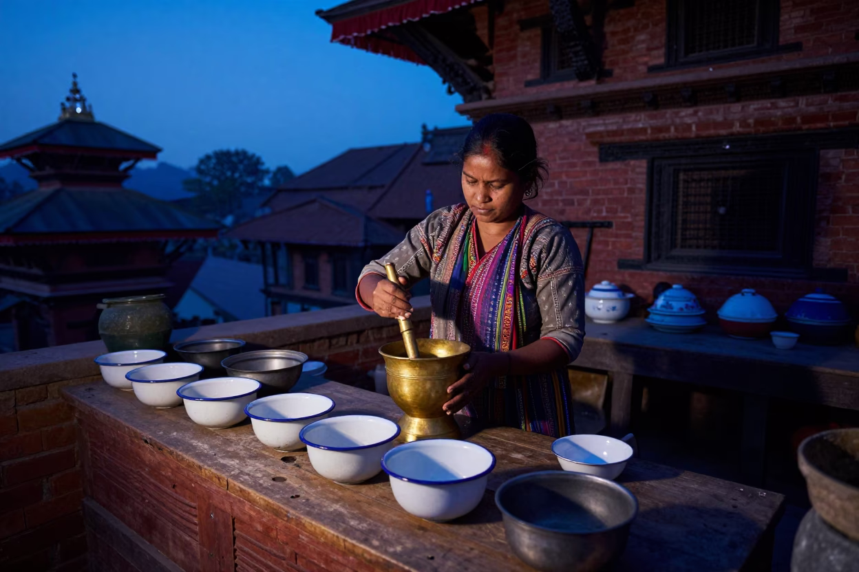 Early Morning Kitchen Prep in Kathmandu Nepal with Enamel Bowls and Mortar Pestle in in Kathmandu, Nepal