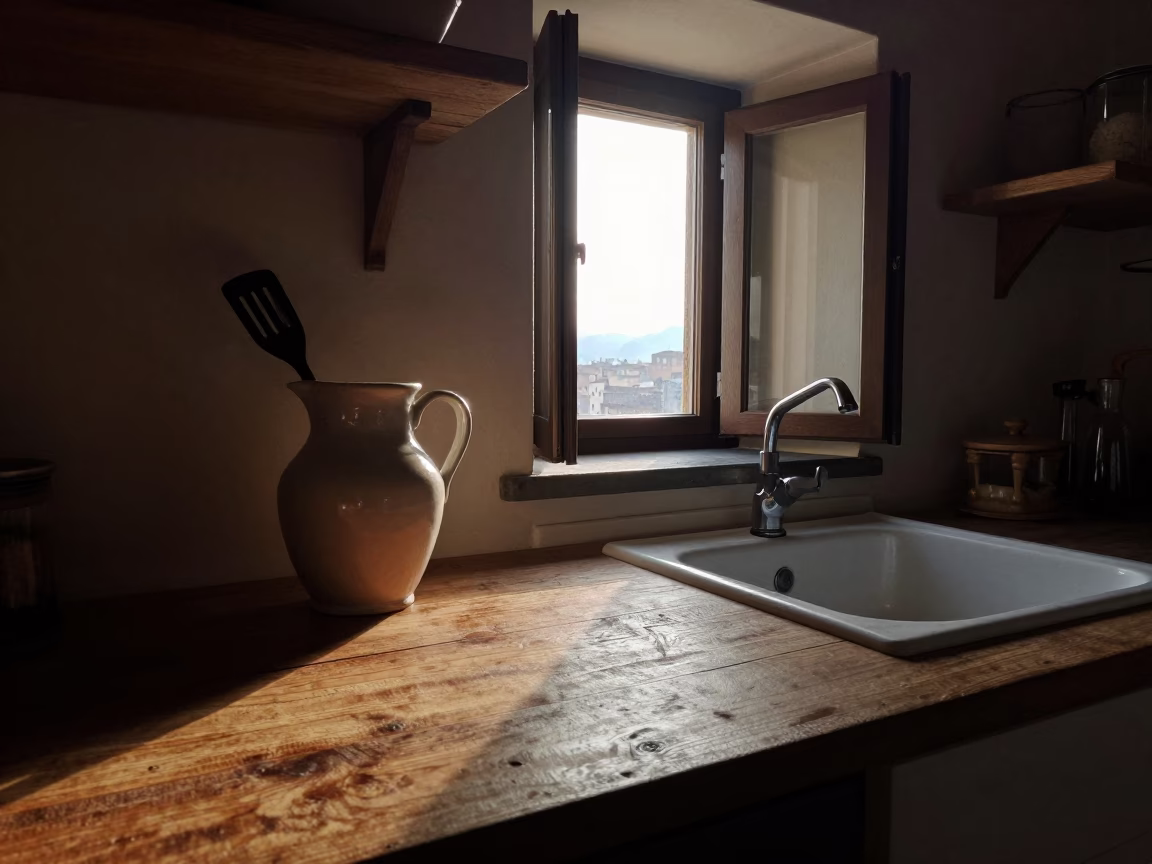 Early morning kitchen scene in Florence Italy with pitcher and spatula in in Florence, Italy