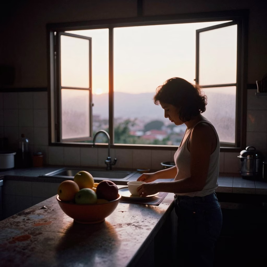 Early Morning Kitchen Scene in Medellin Colombia with Fruit Bowl and Pot Lid in in Medellin, Colombia