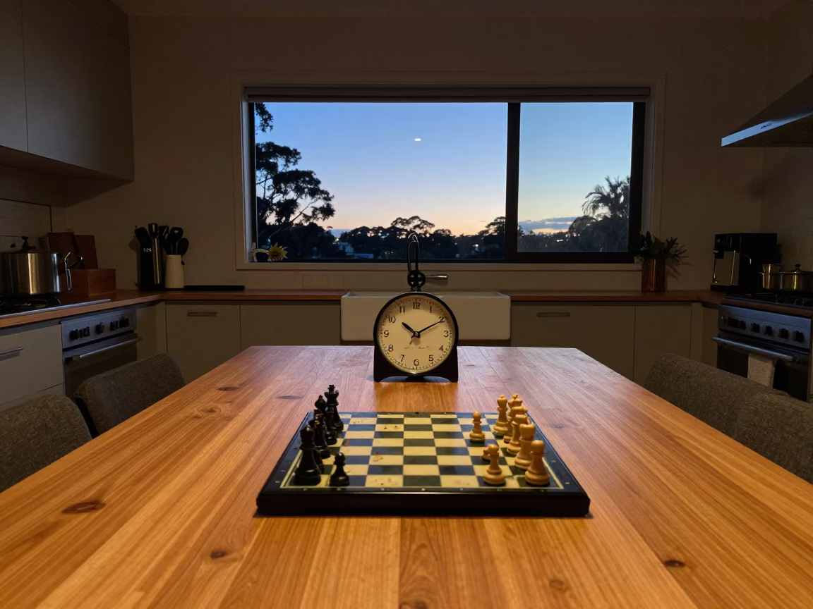 Early Morning Kitchen Scene in Perth Home with Chess Clock and Fruit in in Perth, Western Australia, Australia