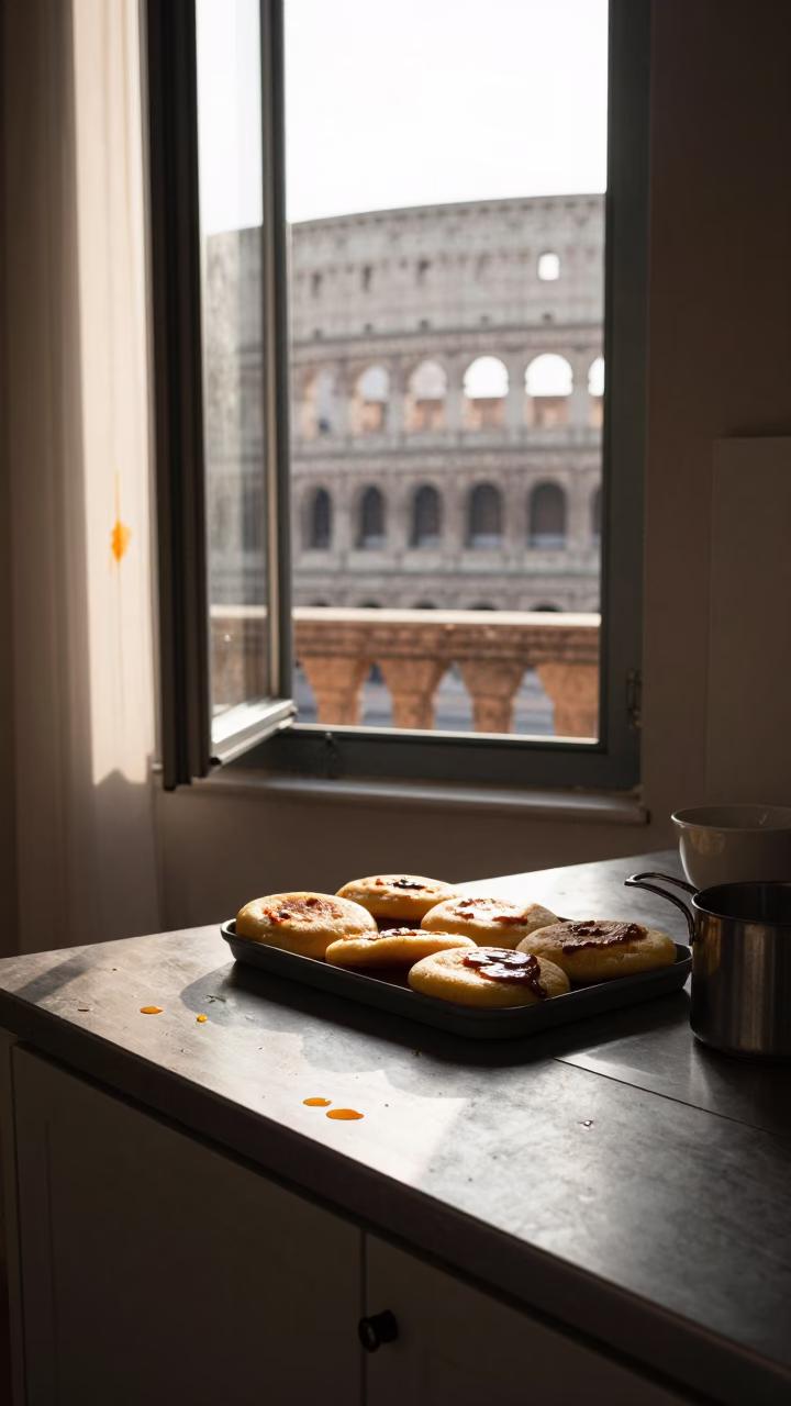 Early Morning Kitchen Scene in Rome Italy with Tea Stains and Colombian Arepas in in Rome, Italy