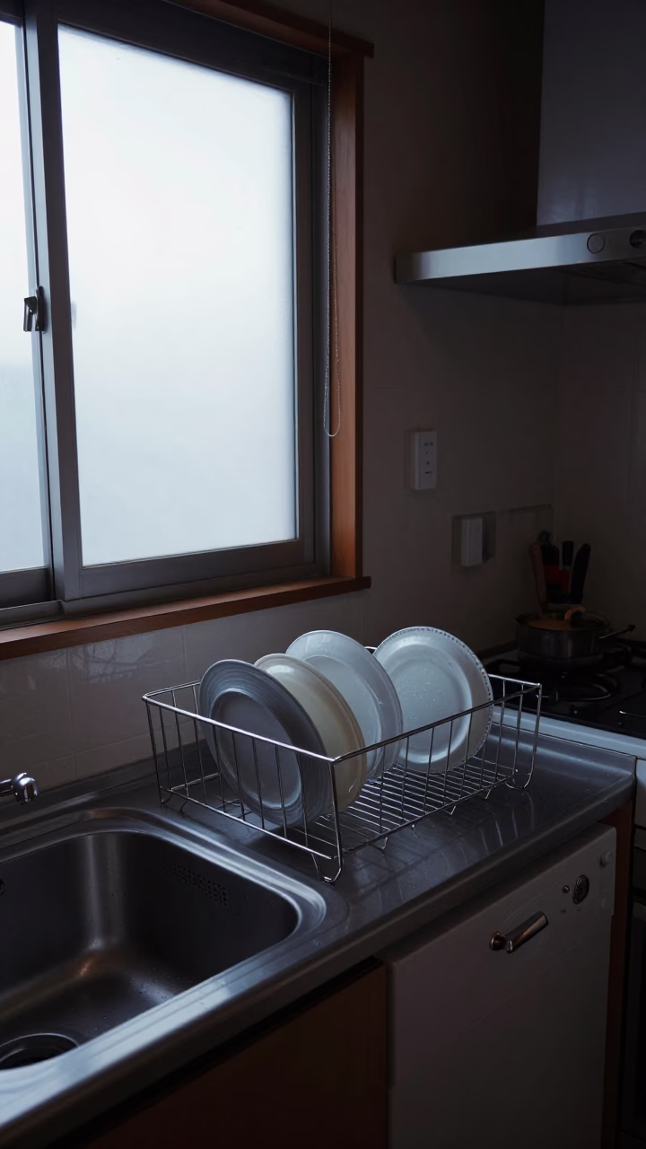 Early Morning Kitchen Scene in Tokyo with Drying Rack and Utensil Crock in in Tokyo, Japan