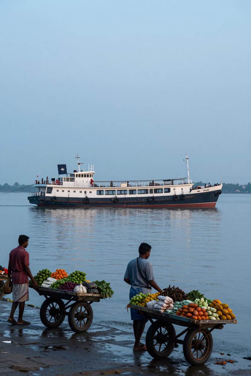 Early Morning Kochi Harbor Scene with Steamship and Rolling Carts at Dawn in in Kochi, India