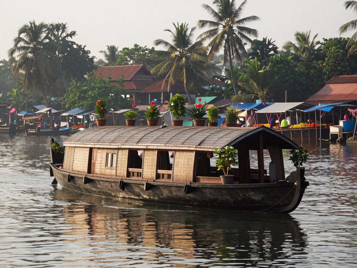 Early Morning Kochi Houseboat Garden with Spice Market Background in in Kochi, India