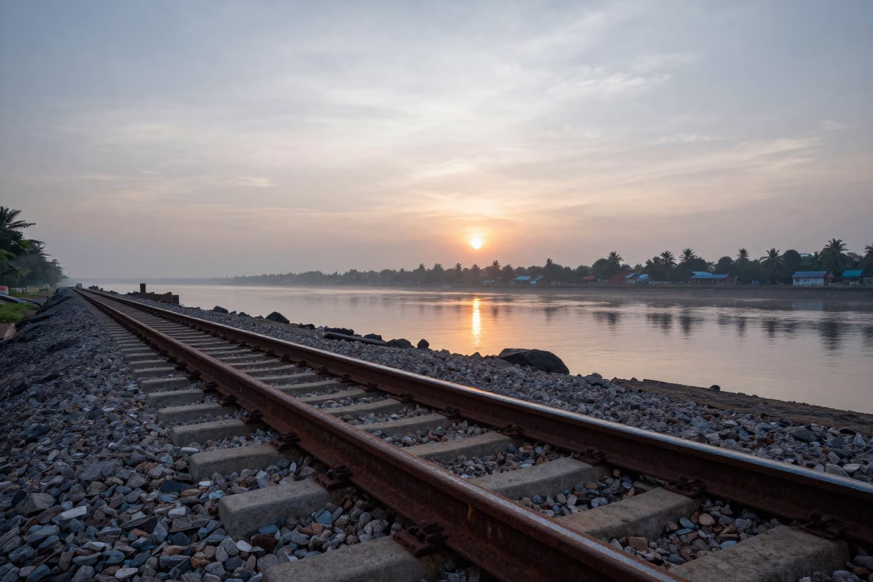 Early Morning Kochi Port Grease Sheen on Rusty Rail Before Sunrise in in Kochi, India
