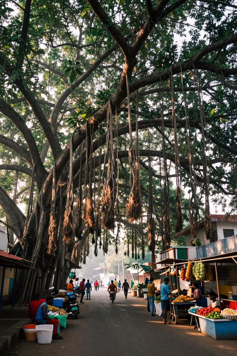 Early Morning Kochi Street Scene with Banyan Grove and Local Commuters at Sunrise in in Kochi, India