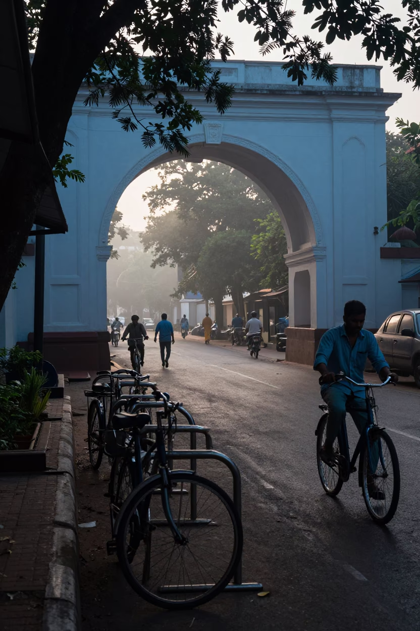 Early Morning Kochi Street Scene with Bicycle Rack and Local Market Activity in in Kochi, India