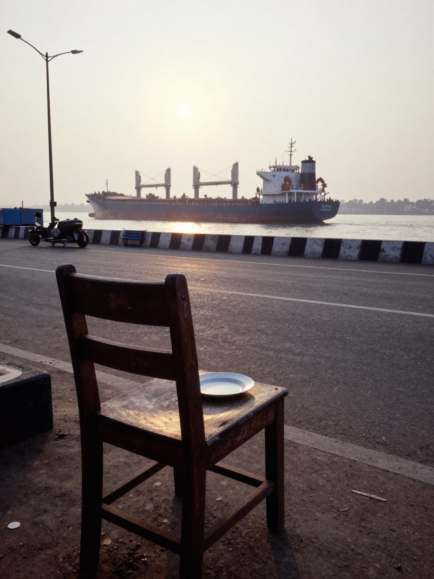 Early Morning Kochi Street Scene with Cargo Ship and Local Breakfast in in Kochi, India