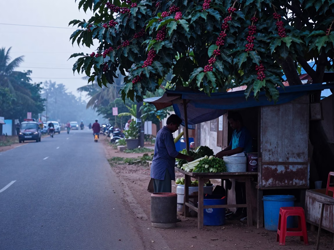 Early Morning Kochi Street Scene with Coffee Cherry Branch and Avocados in in Kochi, India