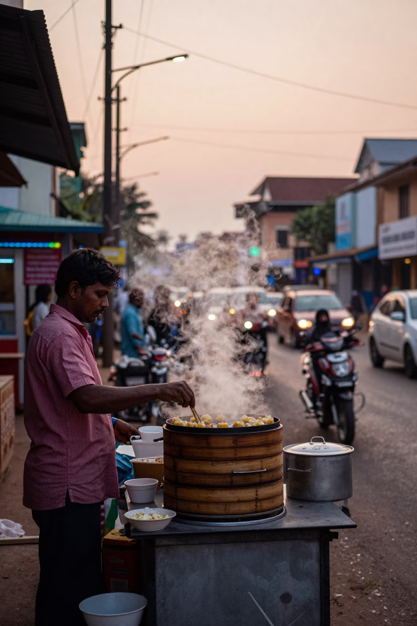 Early Morning Kochi Street Scene with Local Breakfast and Traditional Tea in in Kochi, India