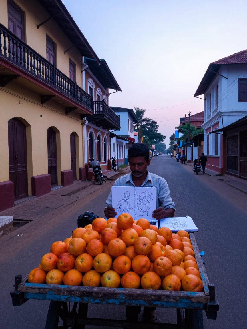 Early Morning Kochi Street Scene with Nectarines and Sketchbook in in Kochi, India