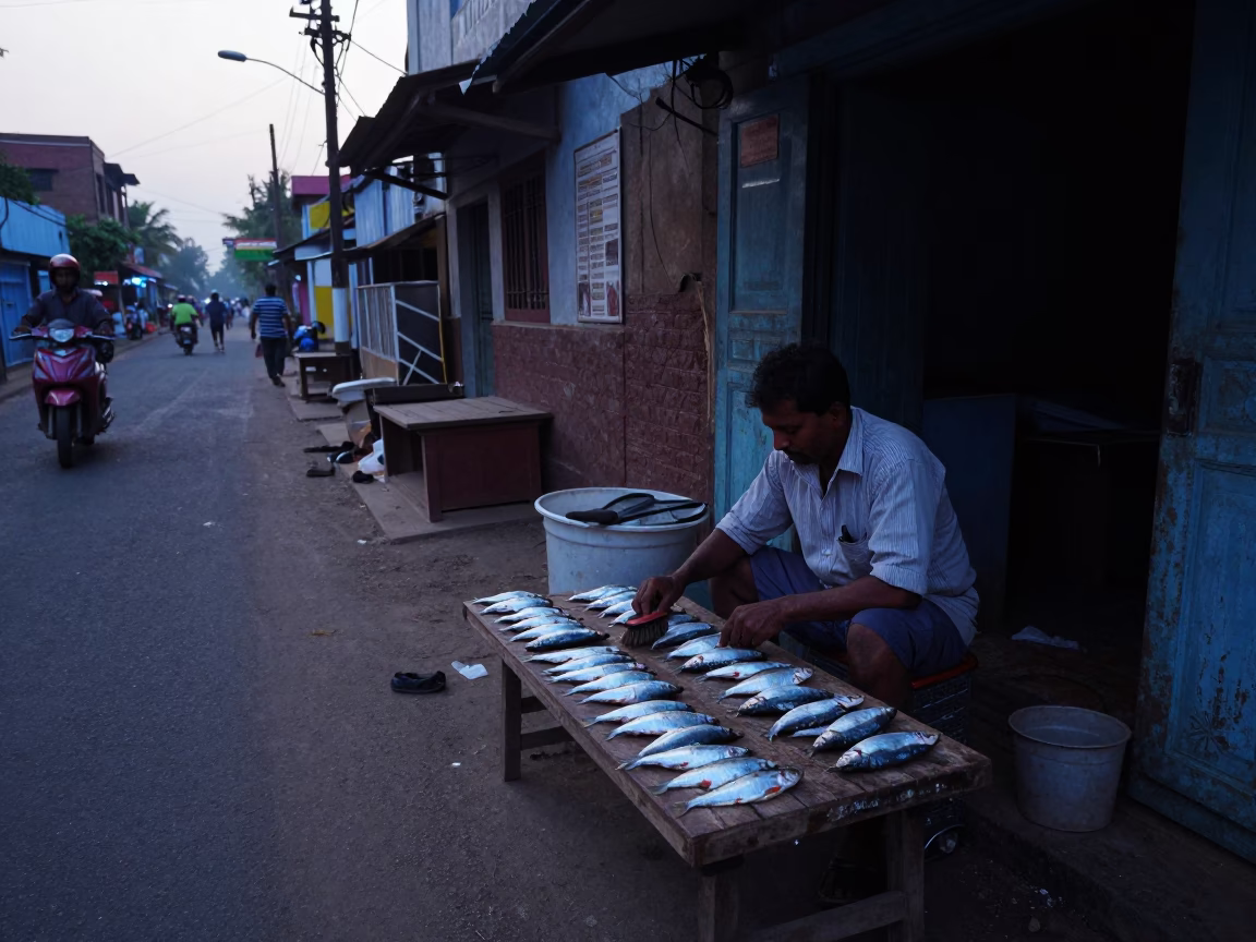 Early Morning Kochi Street Scene with Shoe Brush and Sardines in in Kochi, India