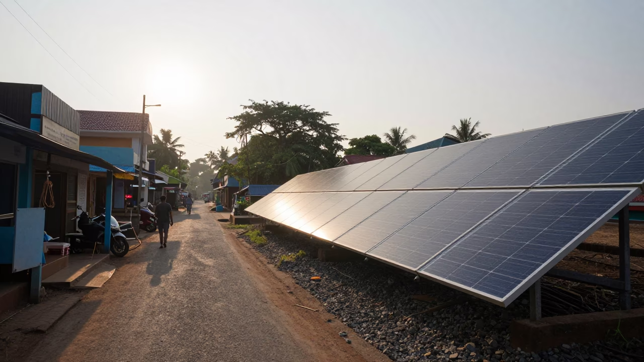 Early Morning Kochi Street Scene with Solar Panels and Local Life in in Kochi, India