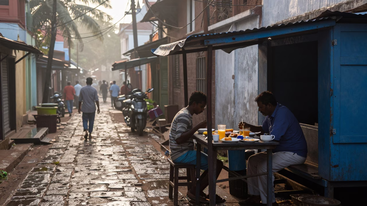 Early Morning Kochi Street Scene with Traditional Breakfast and Local Market Activity in in Kochi, India