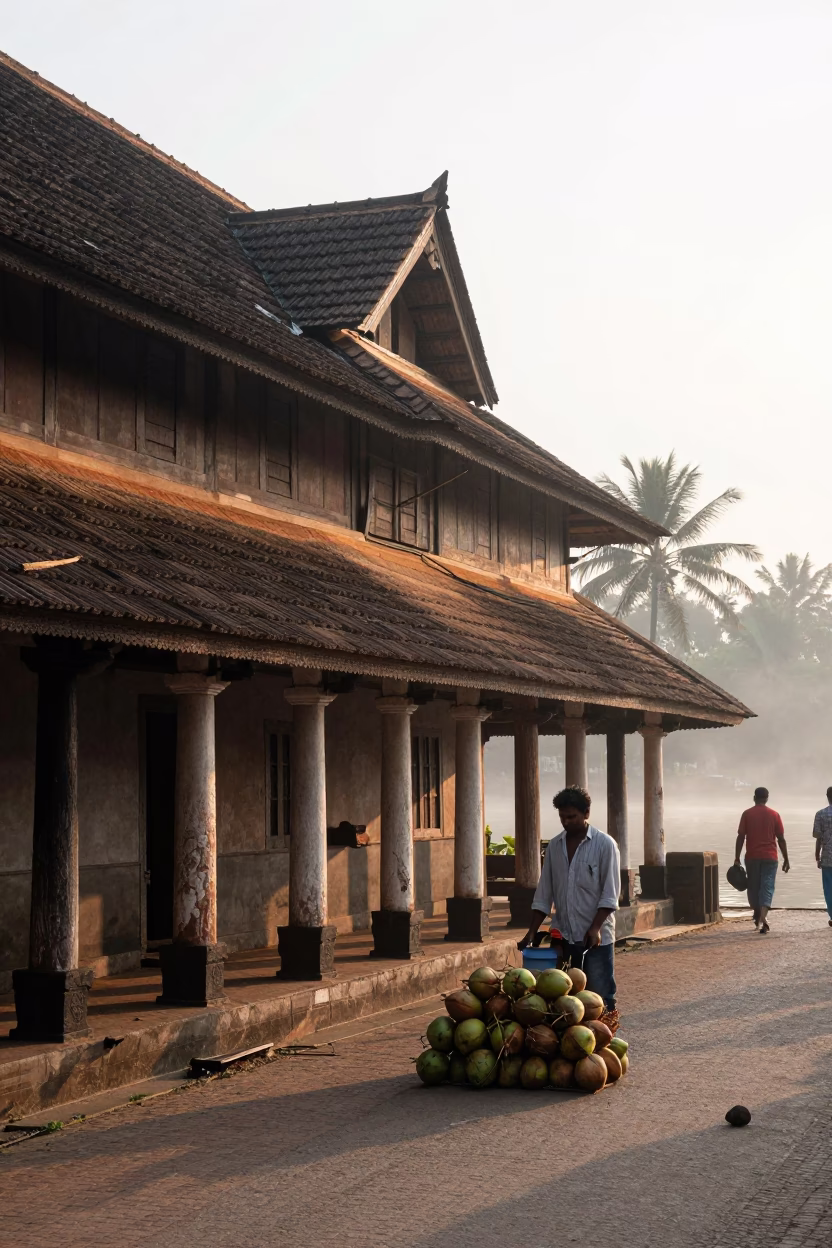 Early Morning Kochi Street Scene with Traditional Kerala Architecture and Local Commerce in in Kochi, India