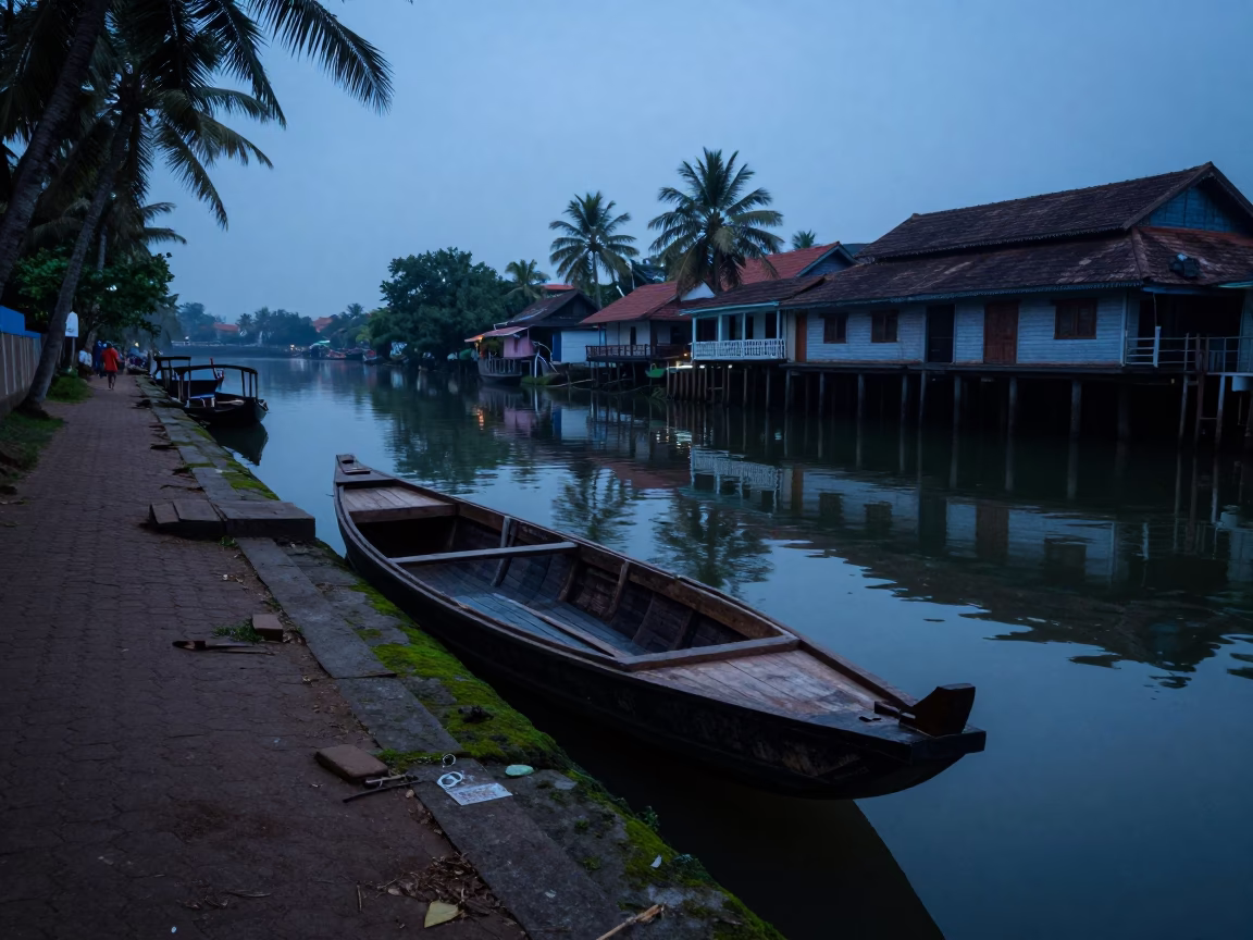 Early Morning Kochi Street Scene with Wooden Punt and Clear Glass Window Reflections in in Kochi, India
