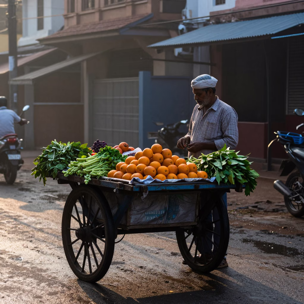 Early Morning Kochi Street Vendor Scene with Colorful Basket and Wooden Cart in in Kochi, India