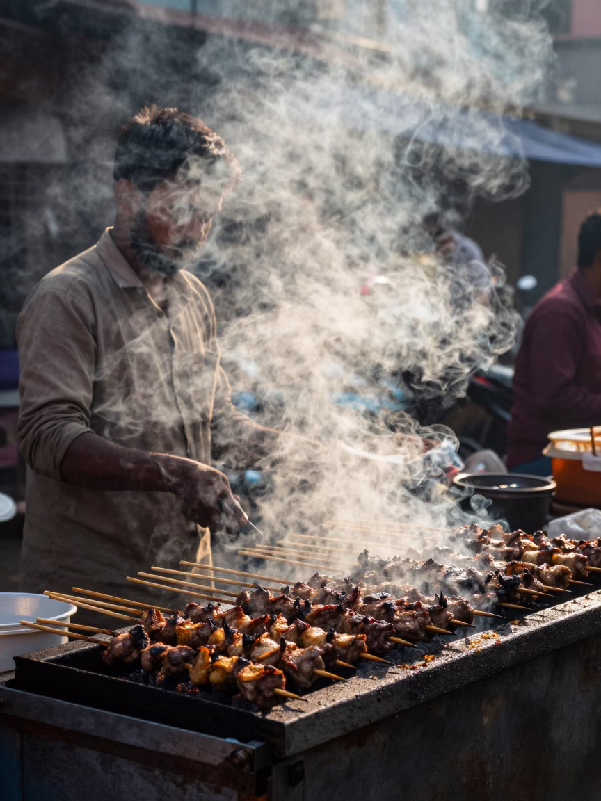 Early Morning Kolkata Street Food Scene with Grilled Kebabs and Busy Traffic in in Kolkata, India