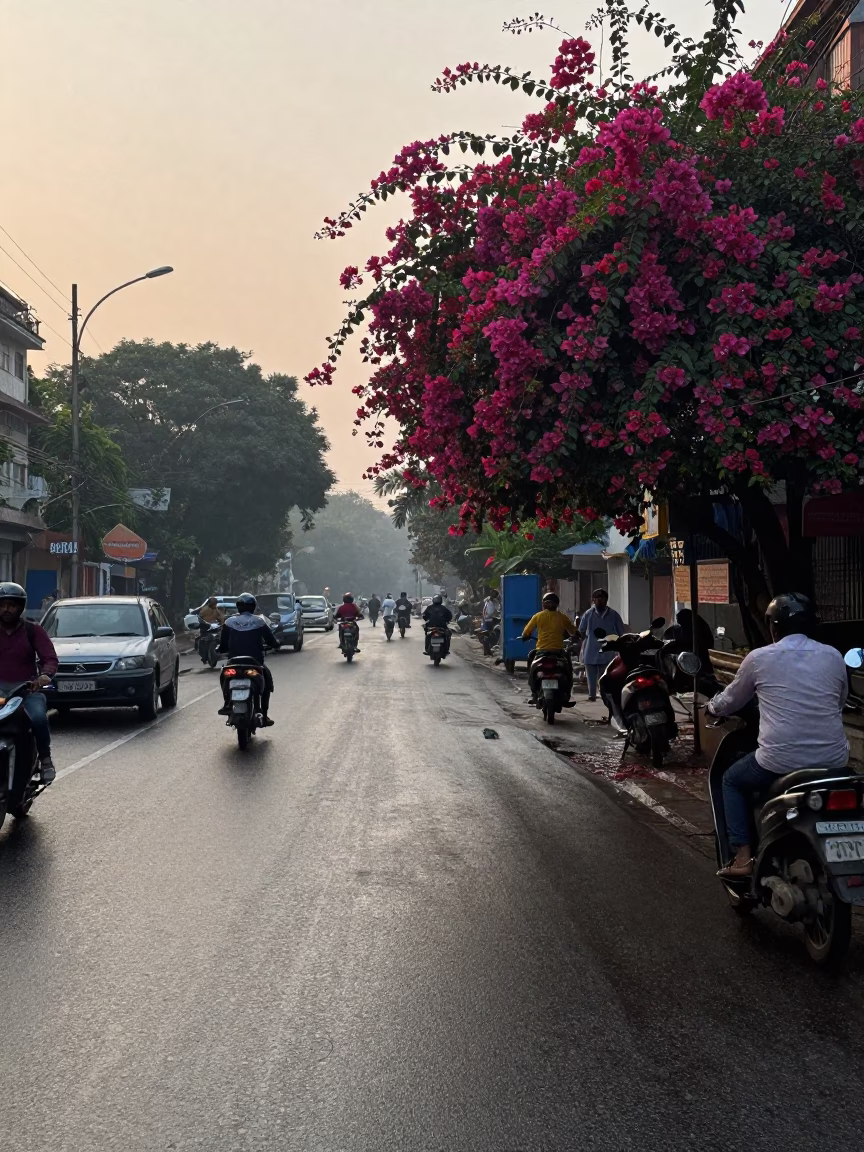 Early Morning Kolkata Street Scene with Bougainvillea and Wet Asphalt in in Kolkata, India